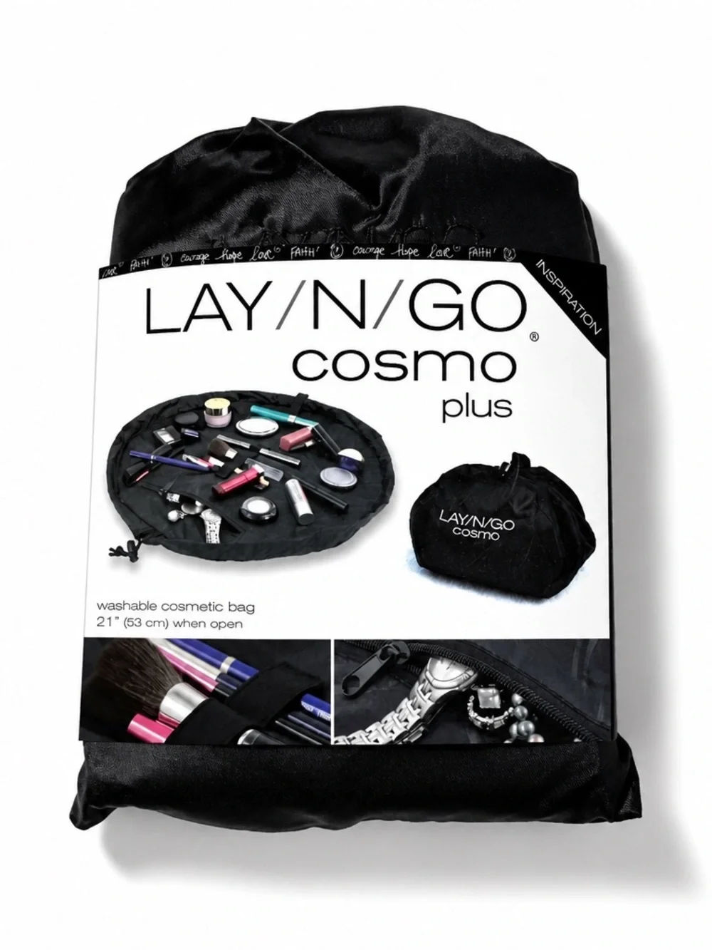 NWT Lay N Go Cosmo Plus Black Washable Makeup Bag Drawstring